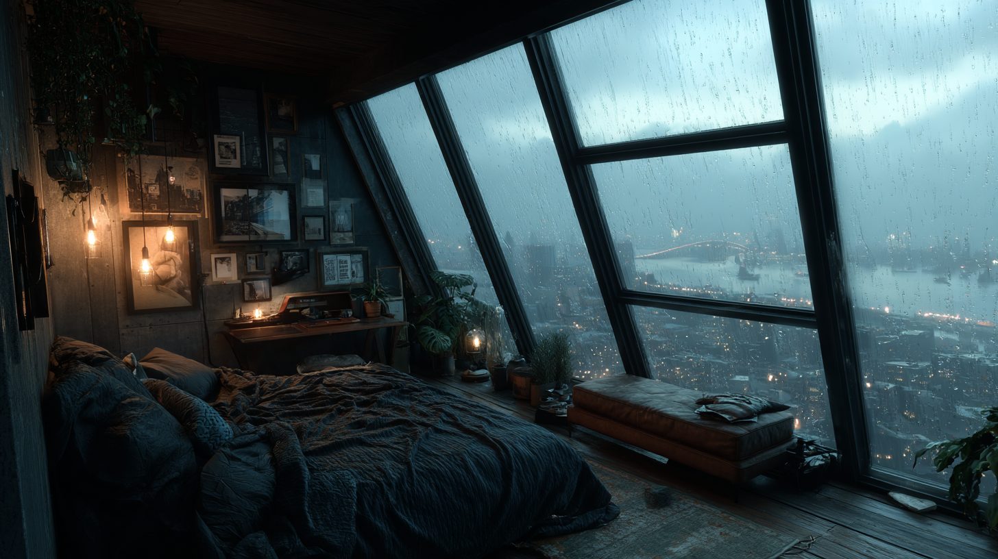 Bedroom with an Angled Window View of a Raining City