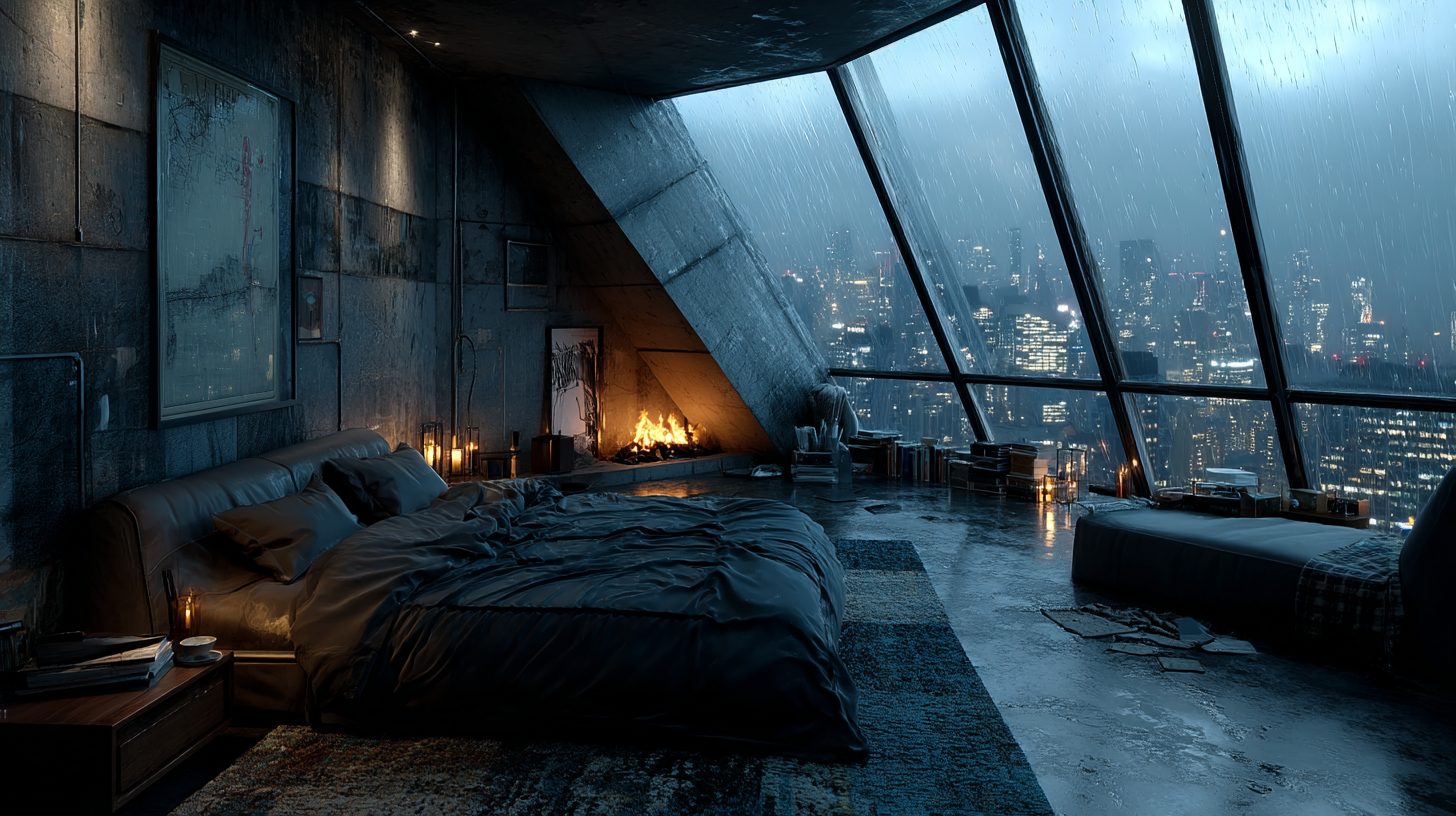 Bedroom with an Angled Window View of a Raining City