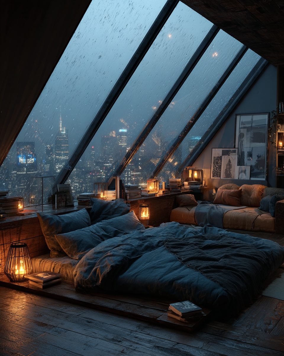 Bedroom with an Angled Window View of a Raining City