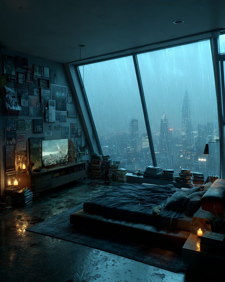 Bedroom with an Angled Window View of a Raining City