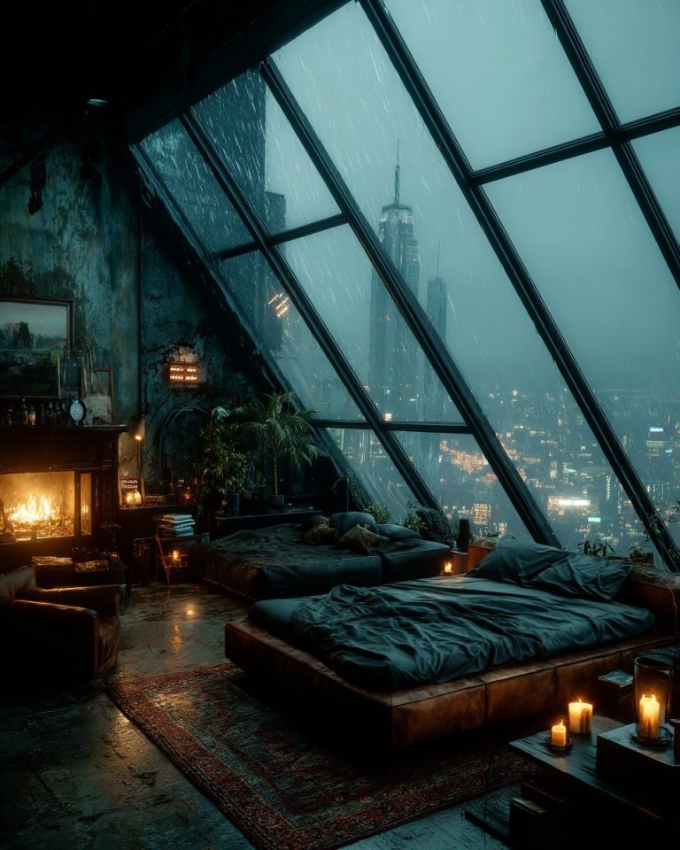 Bedroom with an Angled Window View of a Raining City