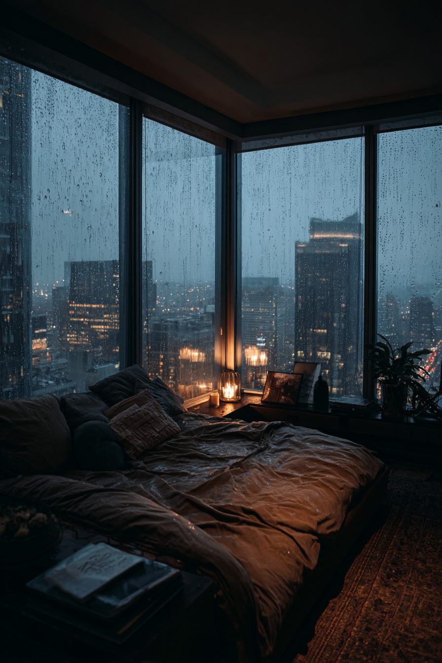 Bedroom with an Angled Window View of a Raining City