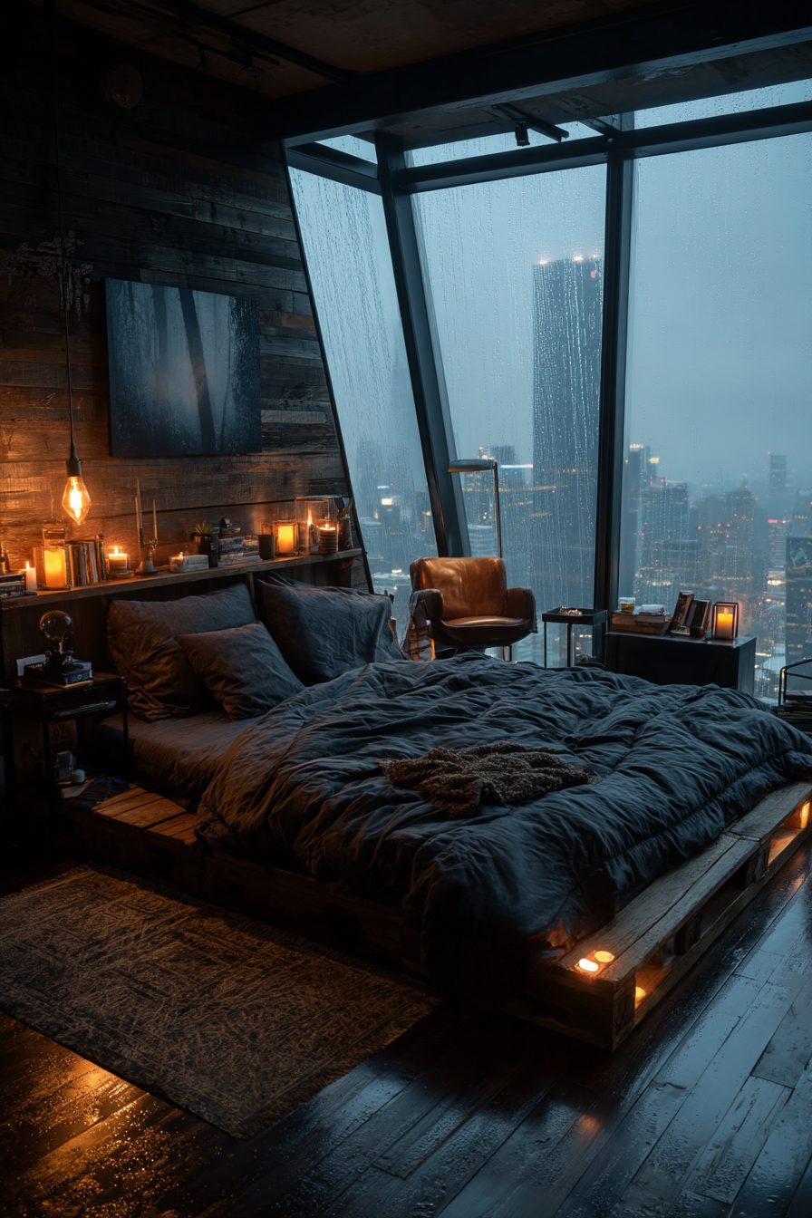 Bedroom with an Angled Window View of a Raining City