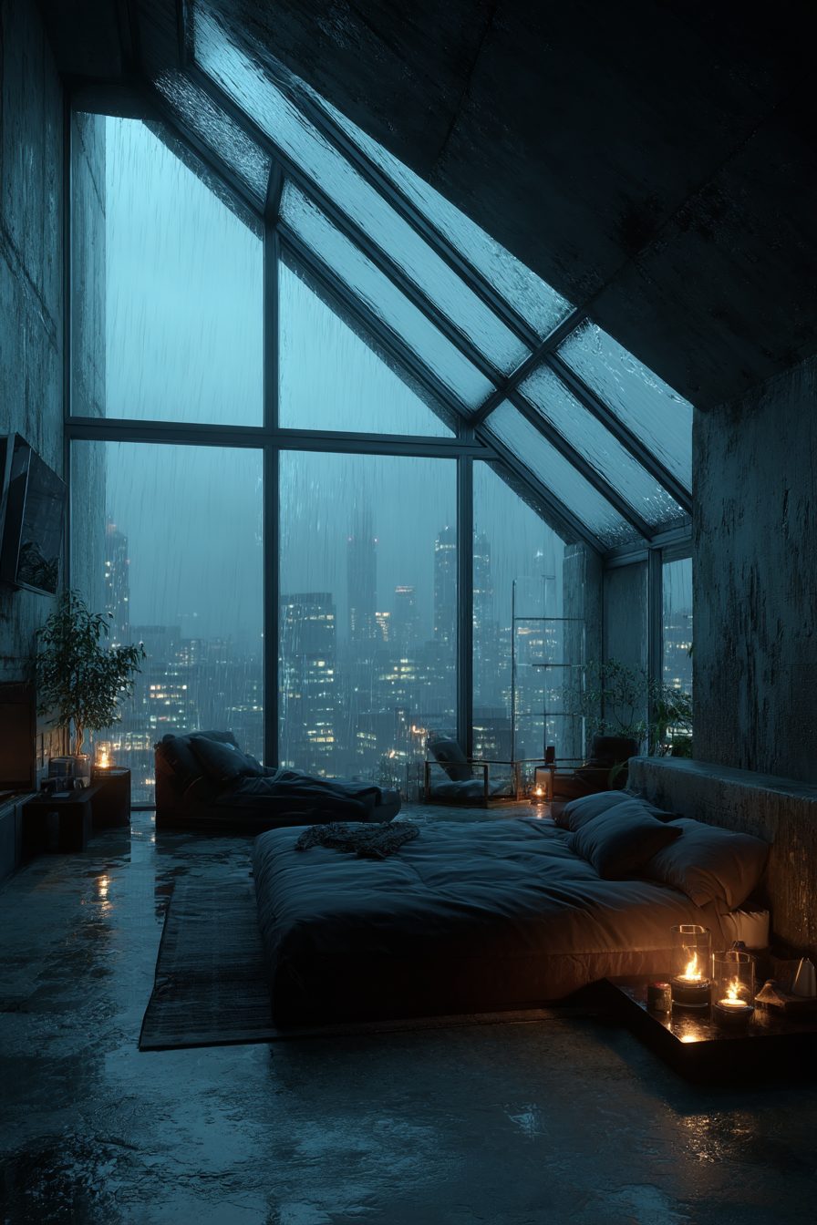 Bedroom with an Angled Window View of a Raining City