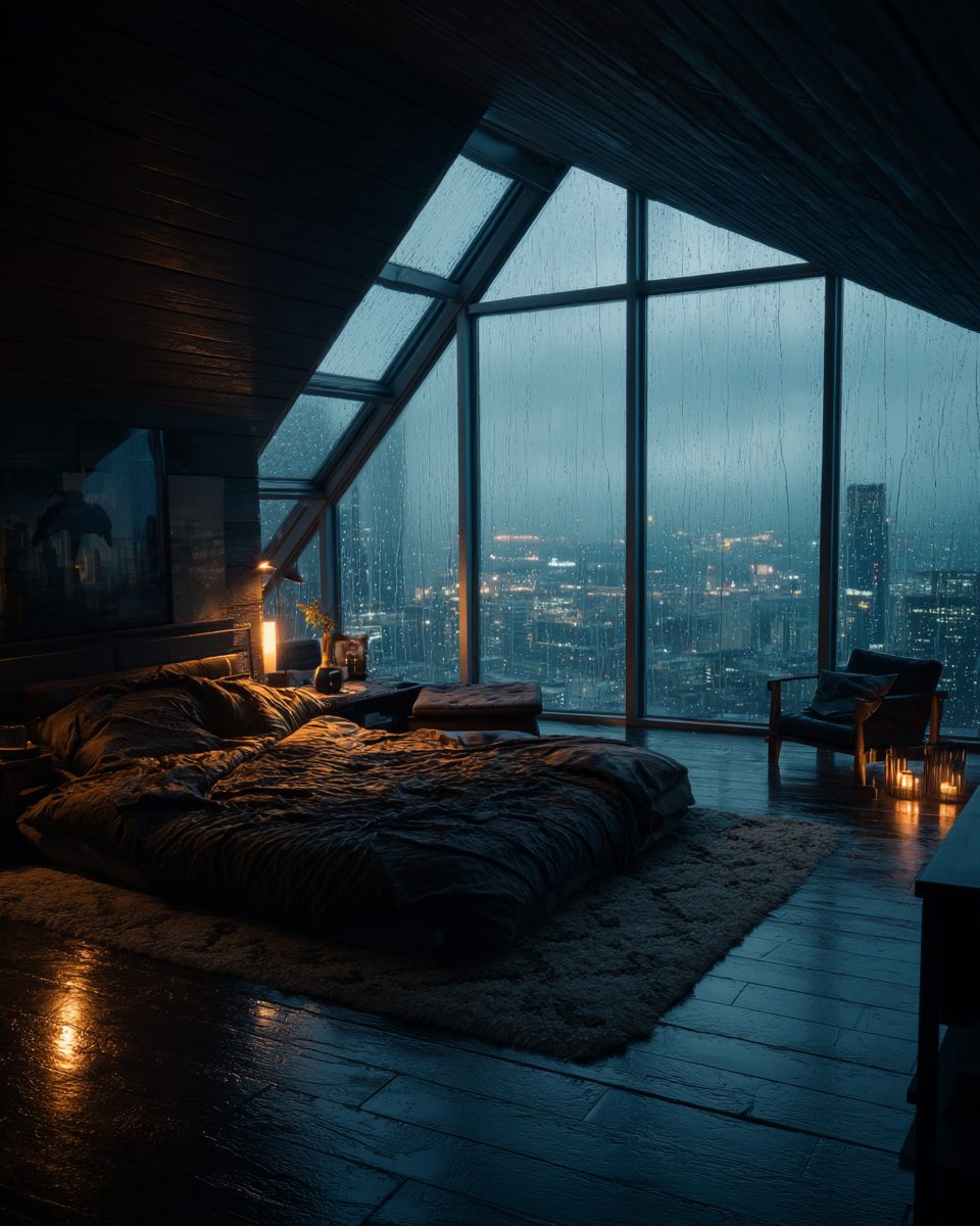 Bedroom with an Angled Window View of a Raining City