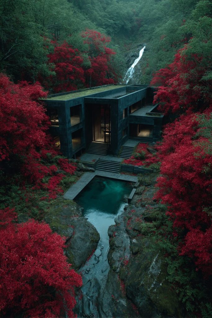 Brutalist Houses in Red Forests AI Artwork 11