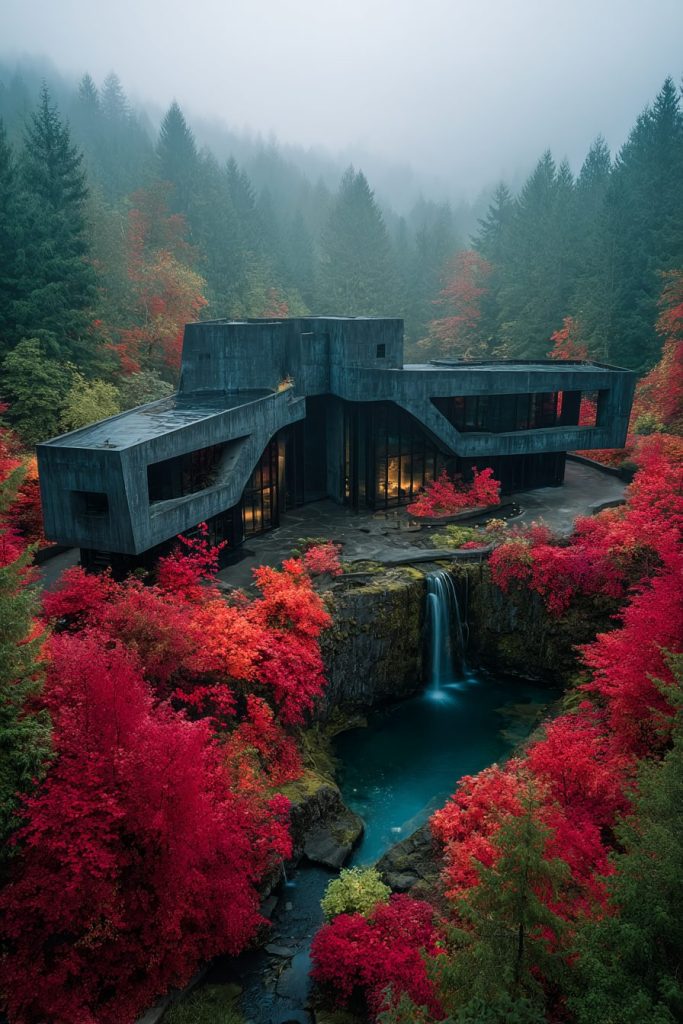 Brutalist Houses in Red Forests AI Artwork 13