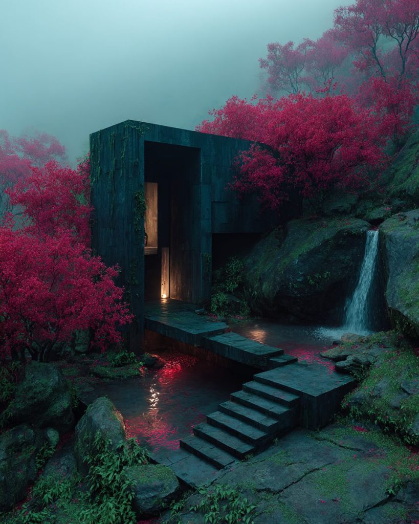 Brutalist Houses in Red Forests AI Artwork 2