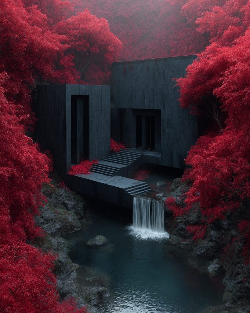 Brutalist Houses in Red Forests AI Artwork 3