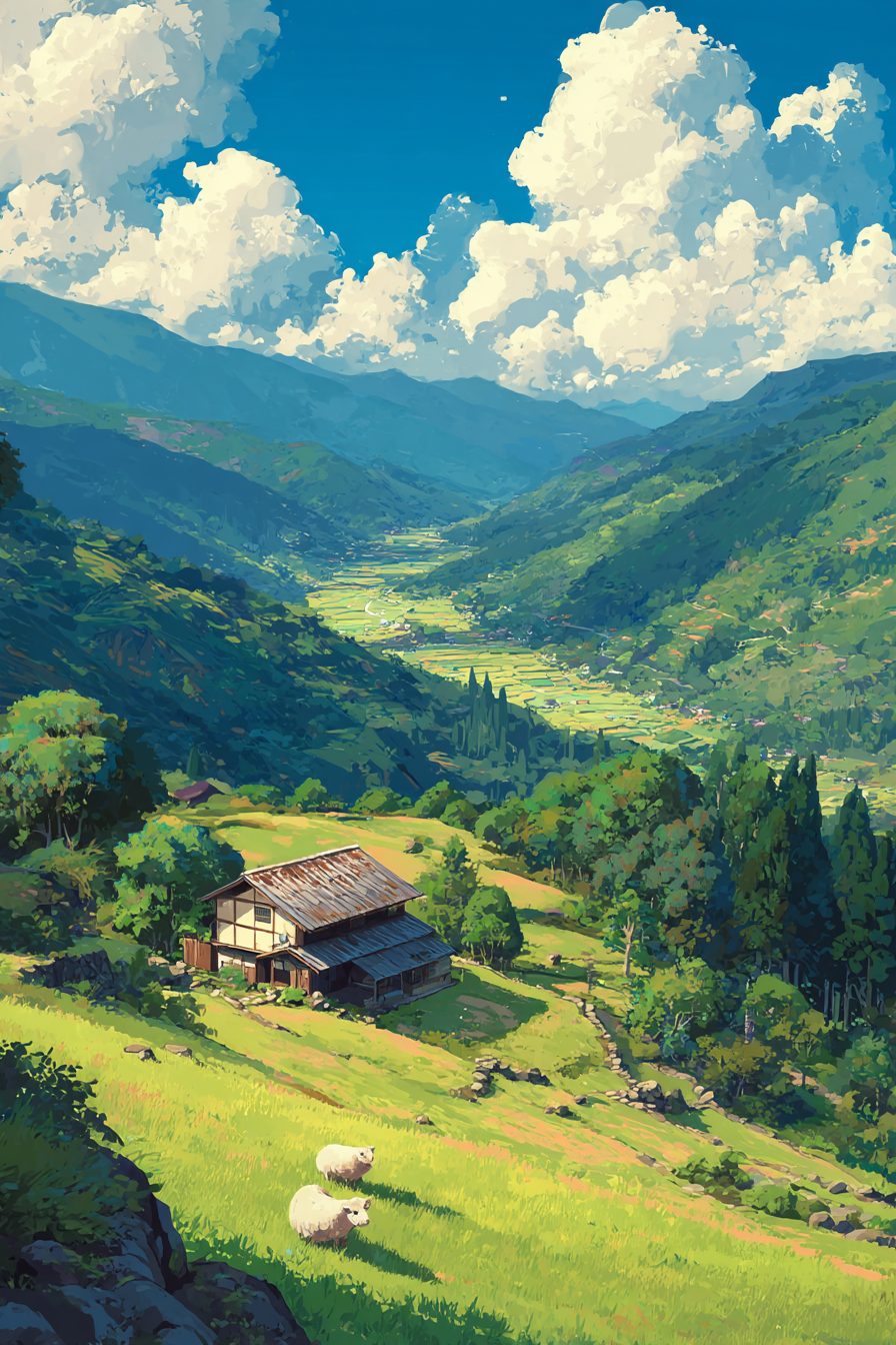Houses on Beautiful Rural Japan Landscapes – Anime-Style