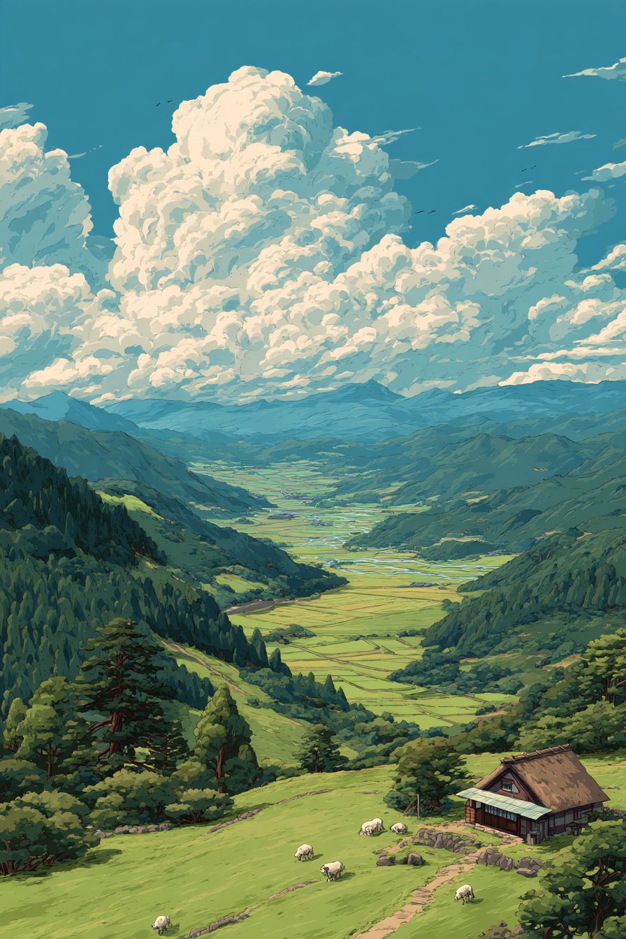 Houses on Beautiful Rural Japan Landscapes – Anime-Style