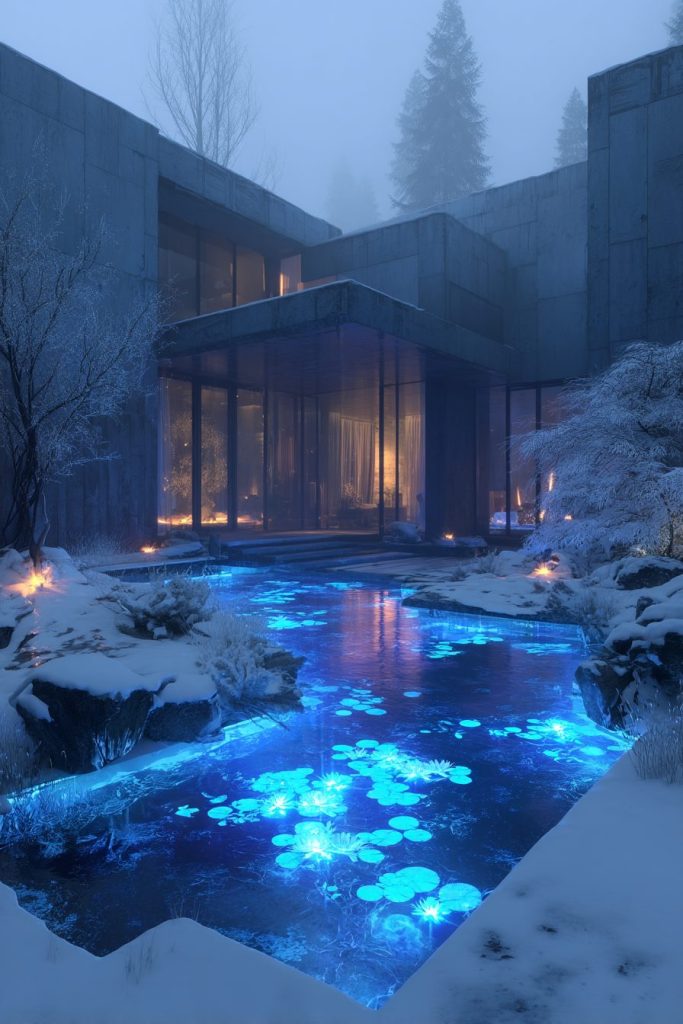 Snow-Covered Modern Courtyard Gardens with Neon Ponds AI Artwork 10