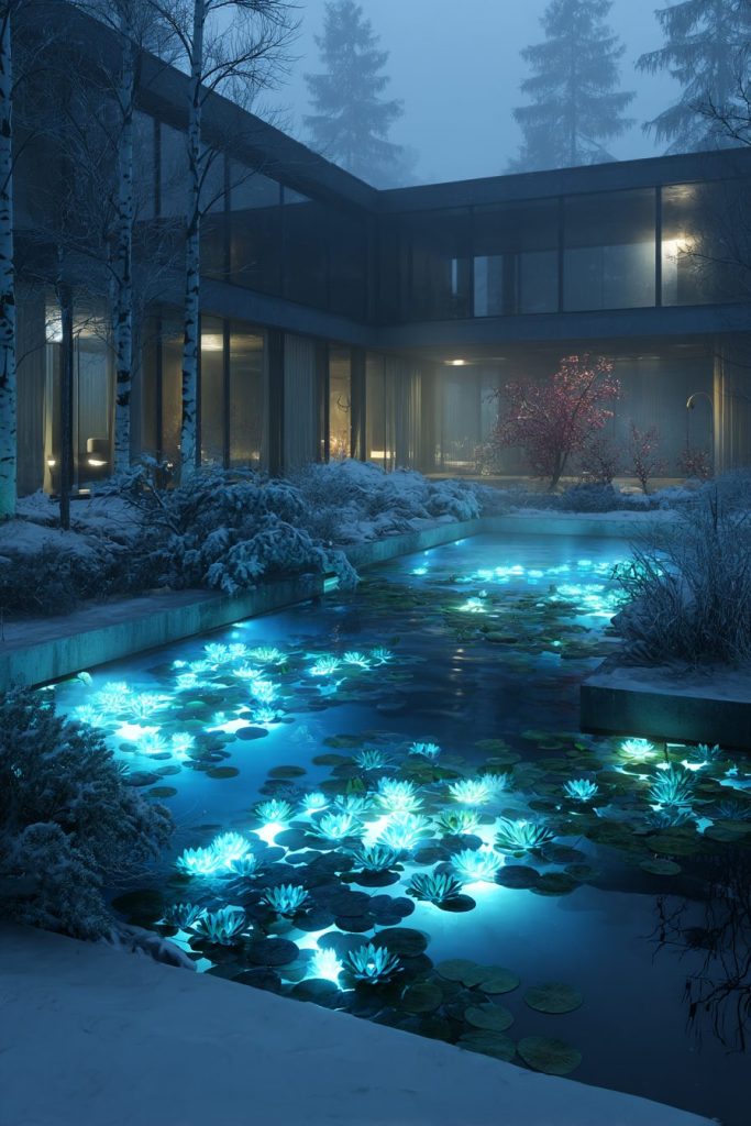 Snow-Covered Modern Courtyard Gardens with Neon Ponds AI Artwork 11