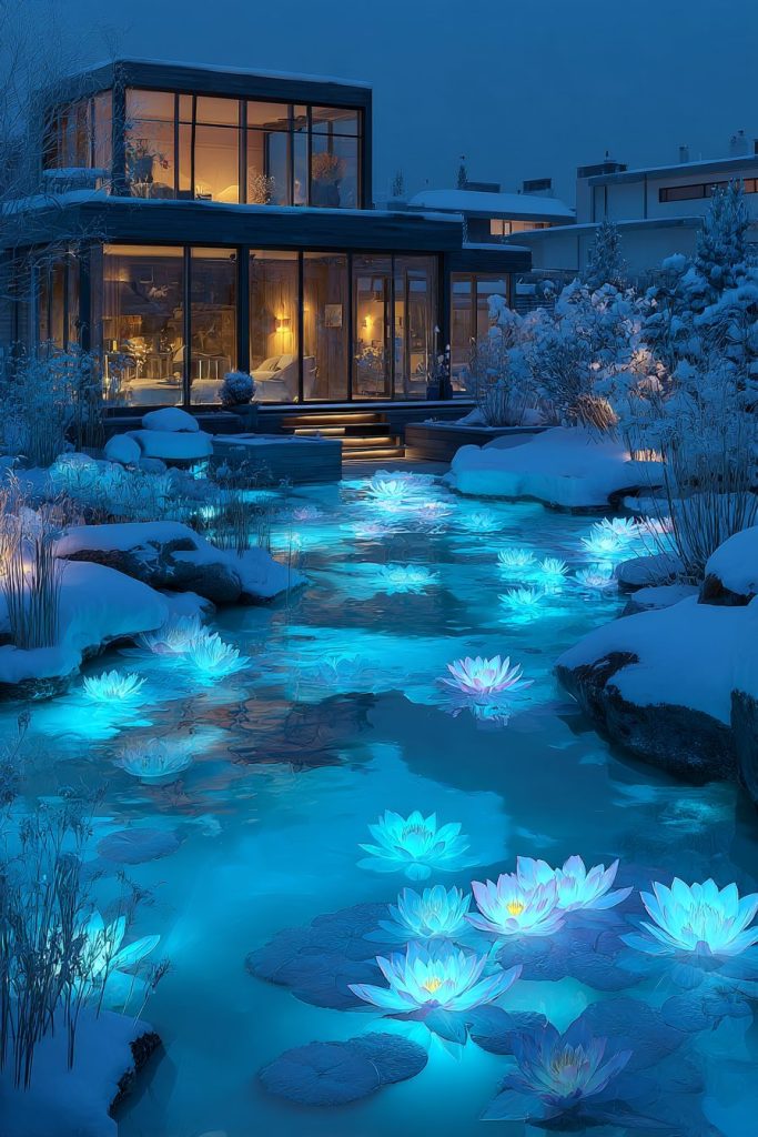 Snow-Covered Modern Courtyard Gardens with Neon Ponds AI Artwork 12