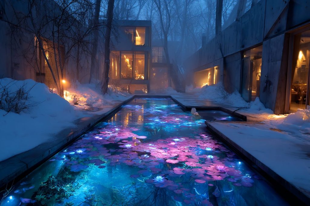 Snow-Covered Modern Courtyard Gardens with Neon Ponds AI Artwork 13