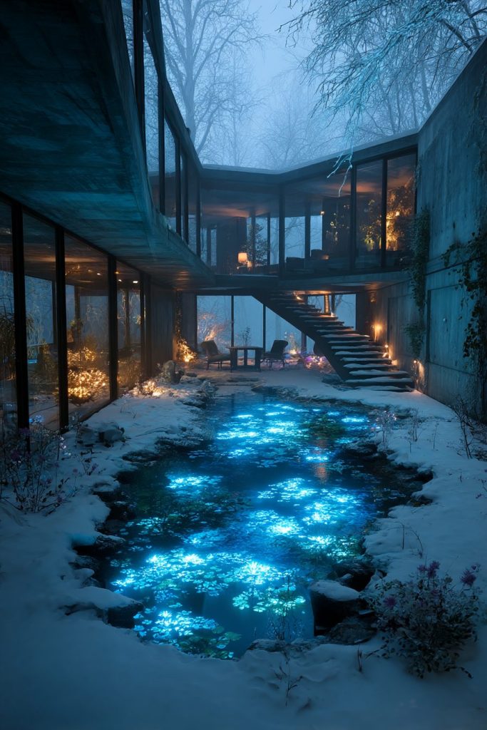 Snow-Covered Modern Courtyard Gardens with Neon Ponds AI Artwork 14