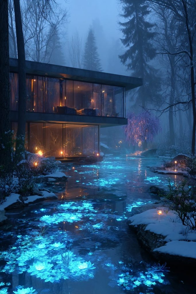 Snow-Covered Modern Courtyard Gardens with Neon Ponds AI Artwork 15
