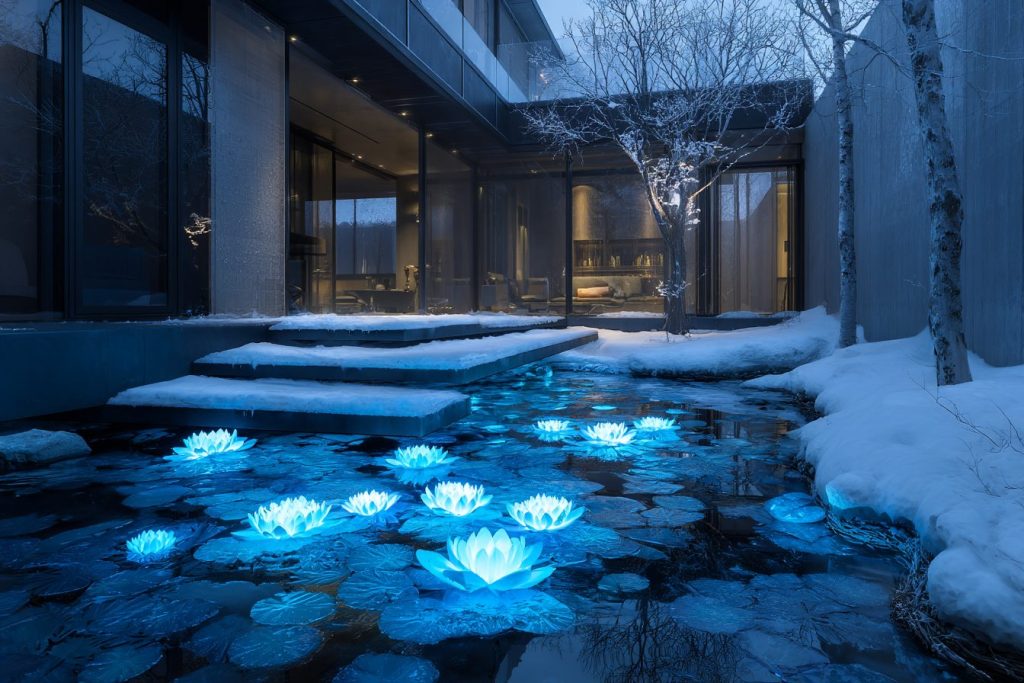 Snow-Covered Modern Courtyard Gardens with Neon Ponds AI Artwork 16