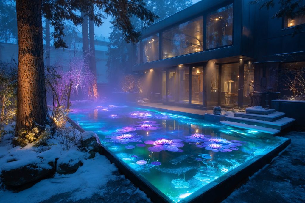 Snow-Covered Modern Courtyard Gardens with Neon Ponds AI Artwork 17