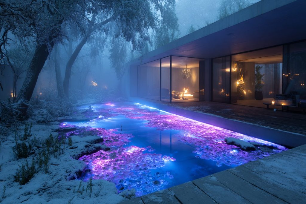 Snow-Covered Modern Courtyard Gardens with Neon Ponds AI Artwork 18