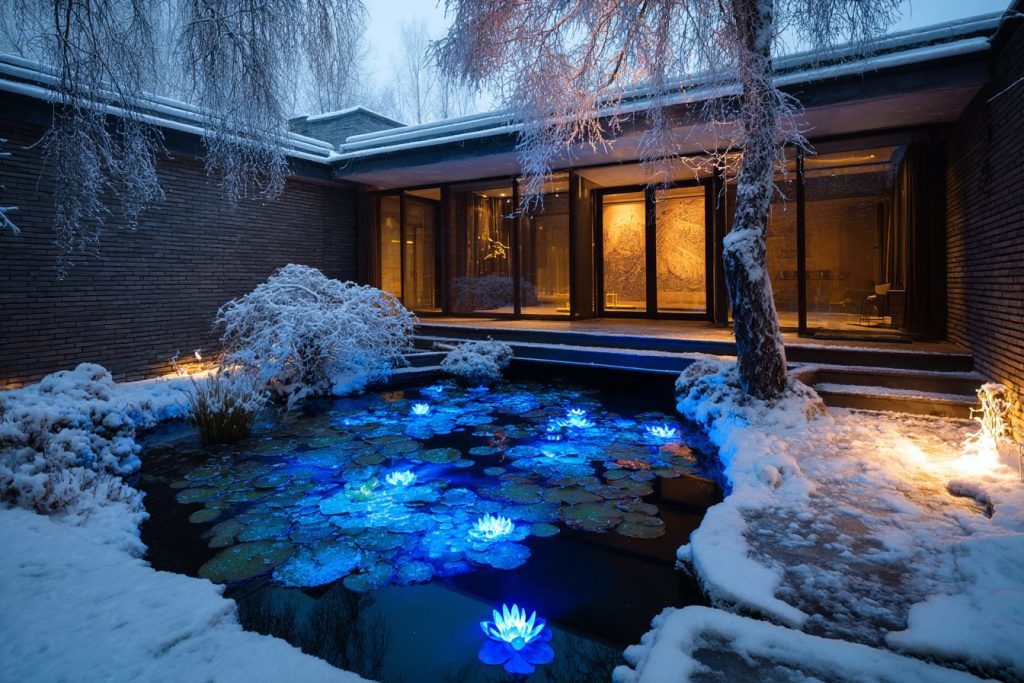 Snow-Covered Modern Courtyard Gardens with Neon Ponds AI Artwork 19