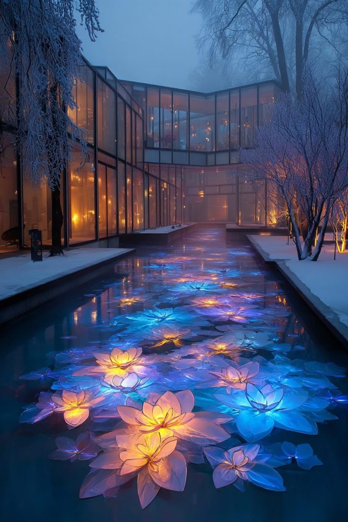 Snow-Covered Modern Courtyard Gardens with Neon Ponds AI Artwork 20