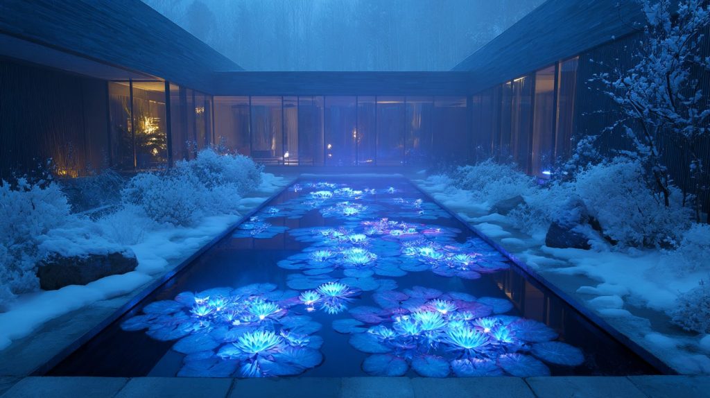 Snow-Covered Modern Courtyard Gardens with Neon Ponds AI Artwork 21