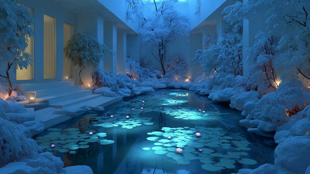 Snow-Covered Modern Courtyard Gardens with Neon Ponds AI Artwork 22