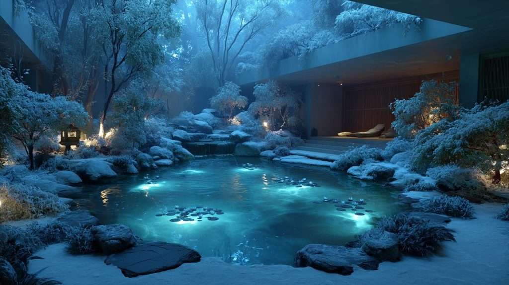 Snow-Covered Modern Courtyard Gardens with Neon Ponds AI Artwork 23