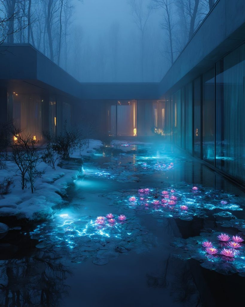 Snow-Covered Modern Courtyard Gardens with Neon Ponds AI Artwork 2