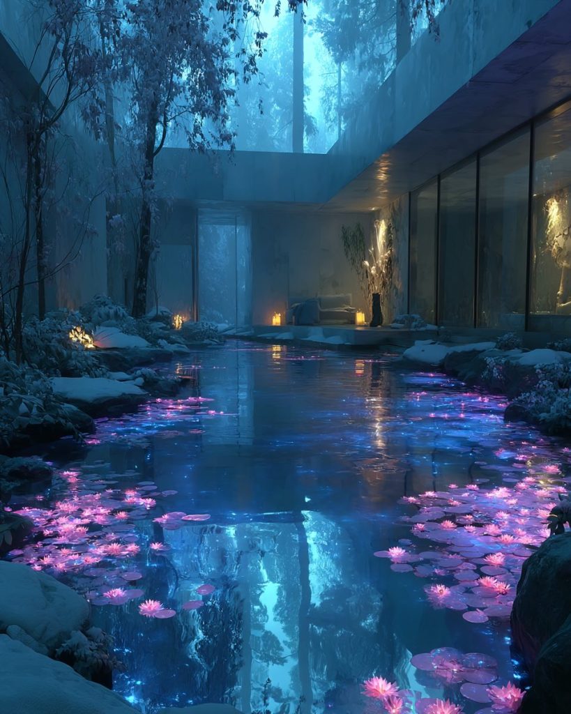 Snow-Covered Modern Courtyard Gardens with Neon Ponds AI Artwork 3