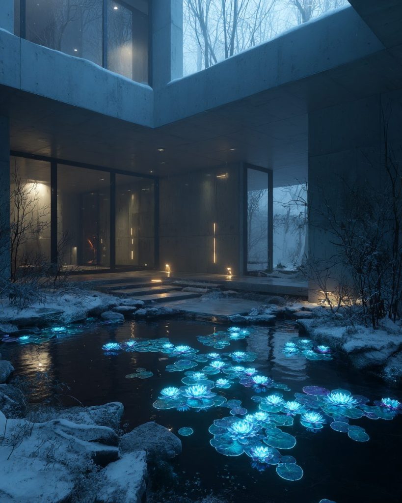 Snow-Covered Modern Courtyard Gardens with Neon Ponds AI Artwork 4
