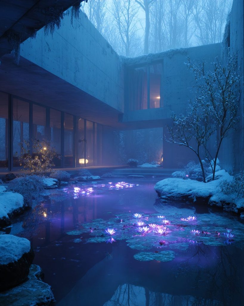Snow-Covered Modern Courtyard Gardens with Neon Ponds AI Artwork 5