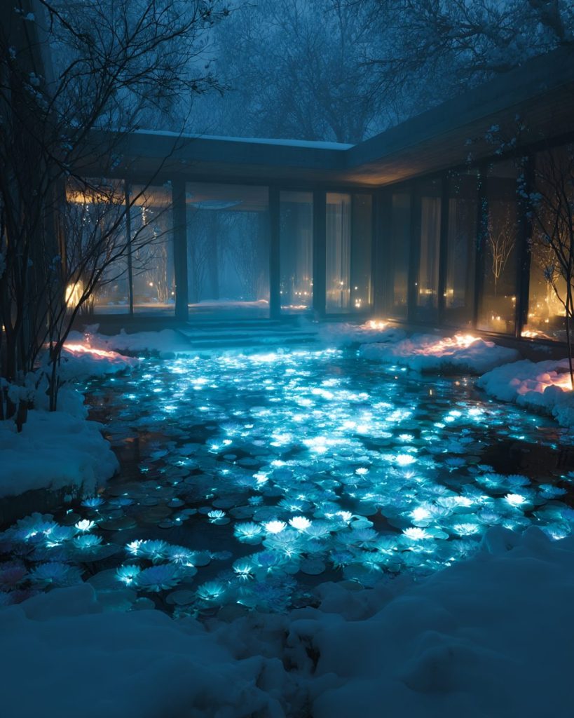 Snow-Covered Modern Courtyard Gardens with Neon Ponds AI Artwork 6