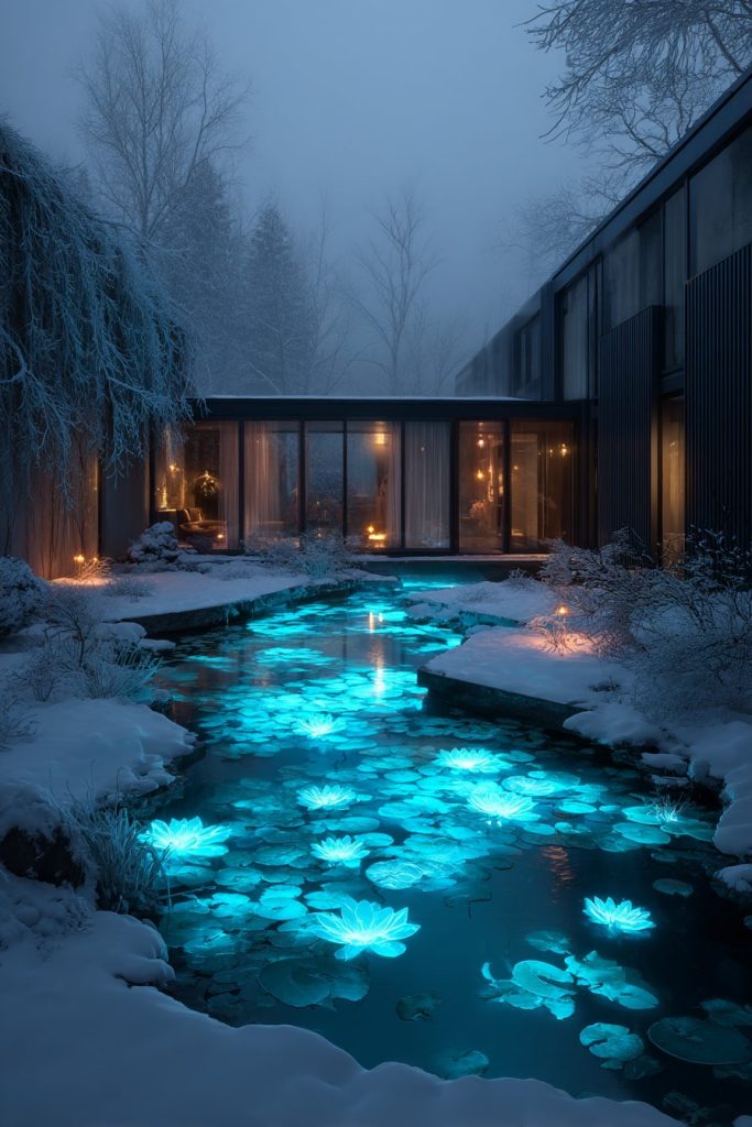 Snow-Covered Modern Courtyard Gardens with Neon Ponds AI Artwork 7