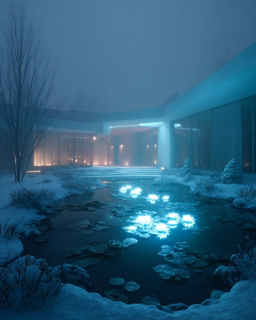 Snow-Covered Modern Courtyard Gardens with Neon Ponds AI Artwork 8