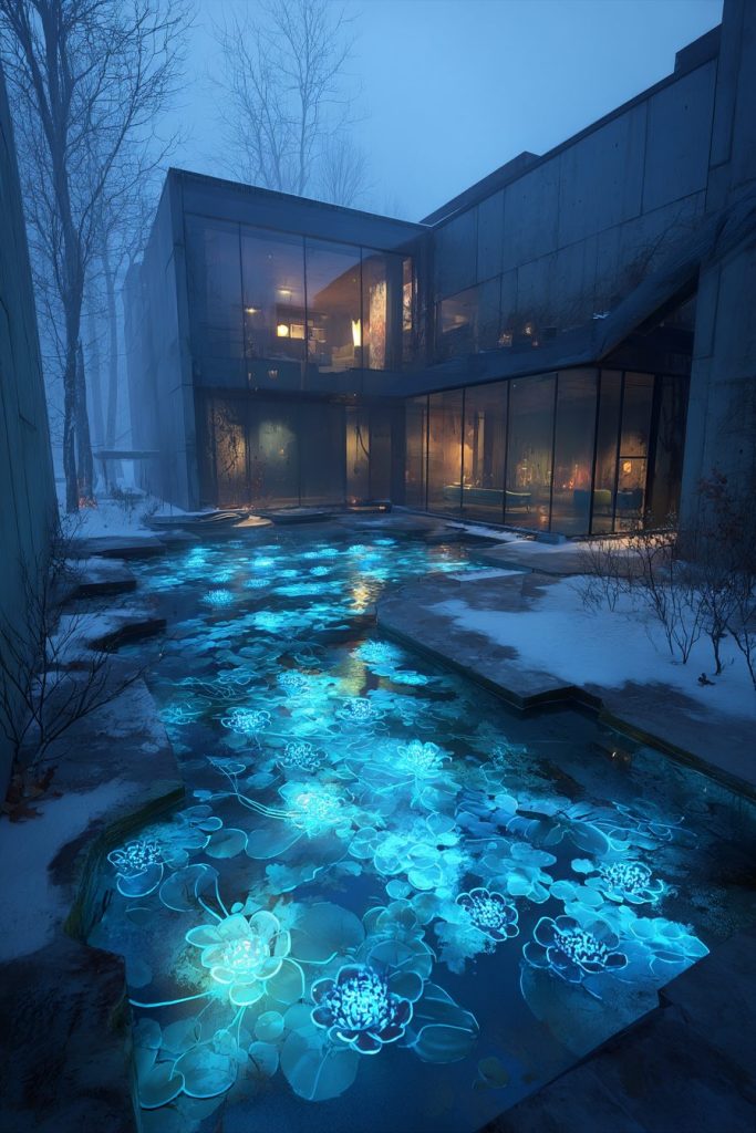 Snow-Covered Modern Courtyard Gardens with Neon Ponds AI Artwork 9