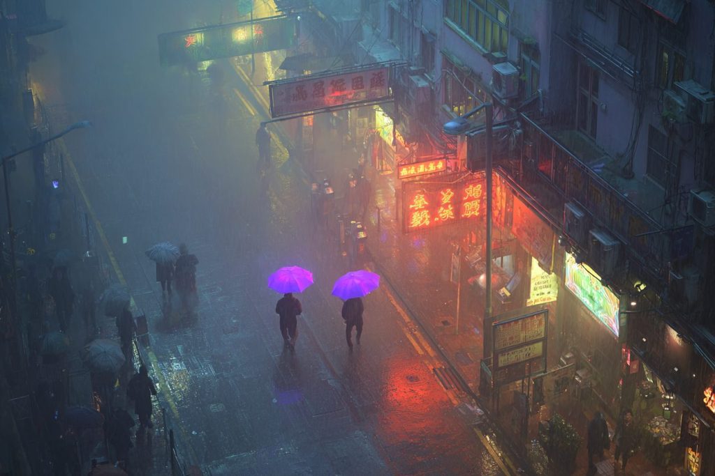 A City's Heavy Rain - Purple Umbrellas AI Artwork 2