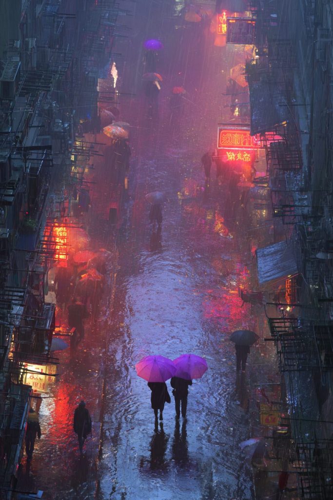 A City's Heavy Rain - Purple Umbrellas AI Artwork 3