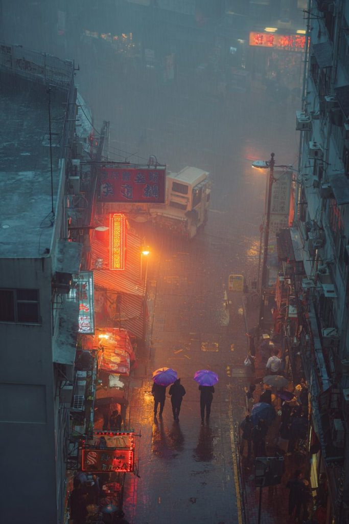 A City's Heavy Rain - Purple Umbrellas AI Artwork 5