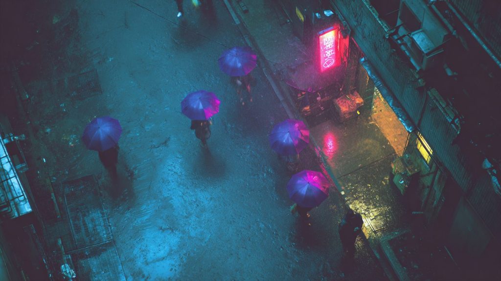 A City's Heavy Rain - Purple Umbrellas AI Artwork 6
