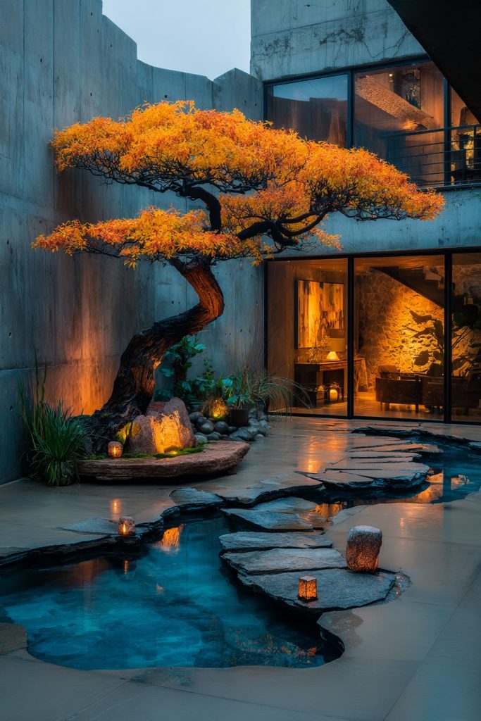 Autumn Bonsai Tree in a Courtyard AI Artwork 10