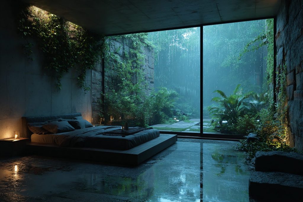 Bedrooms with Rainy Garden Views AI Artwork 10