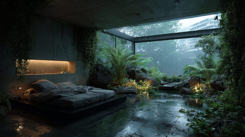 Bedrooms with Rainy Garden Views AI Artwork 14