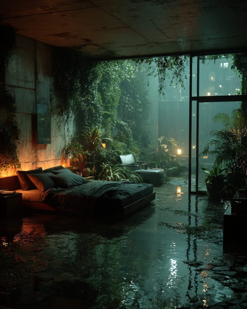 Bedrooms with Rainy Garden Views AI Artwork 4