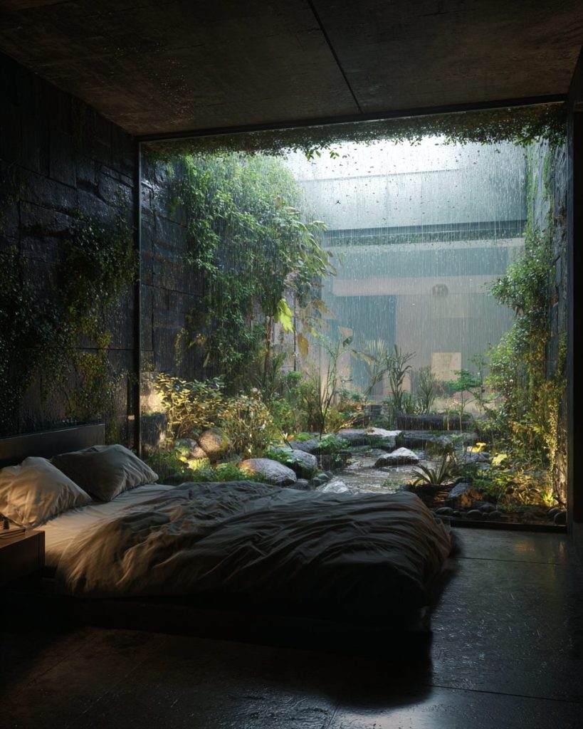 Bedrooms with Rainy Garden Views AI Artwork 5