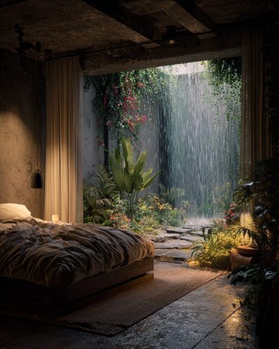 Bedrooms with Rainy Garden Views AI Artwork