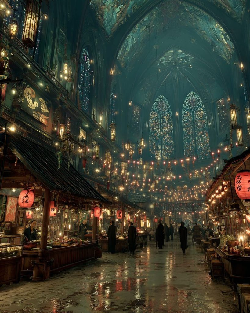 Gothic Japanese-Style Mall Interior AI Artwork 10