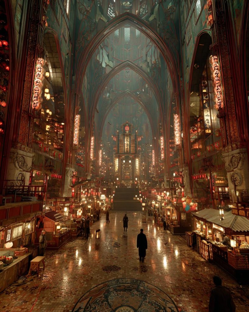 Gothic Japanese-Style Mall Interior AI Artwork 15