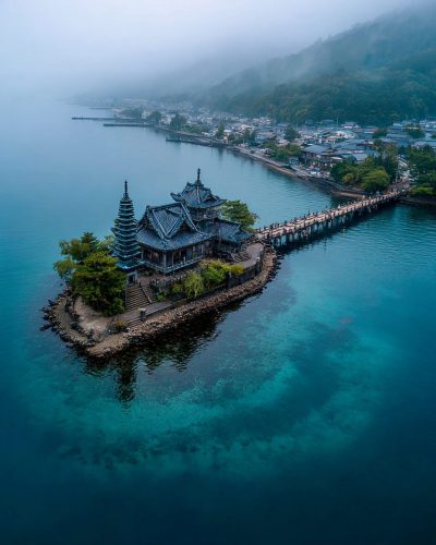 Japanese Lake Temple Islands AI Artwork